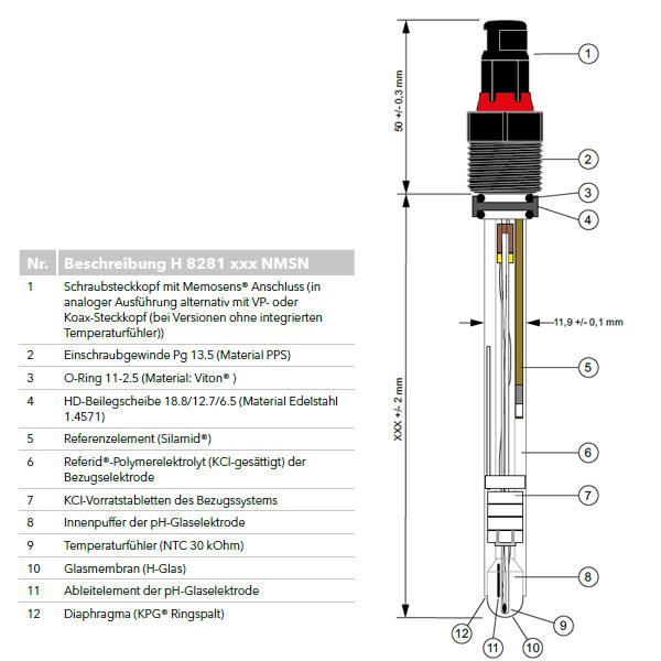 H 8281-120 T1000 VP Process pH combination electrode 